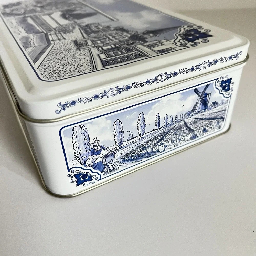 Pretty Dutch Blue and White Biscuit Tin from Holland Faux Delft windmill EUC 5x8